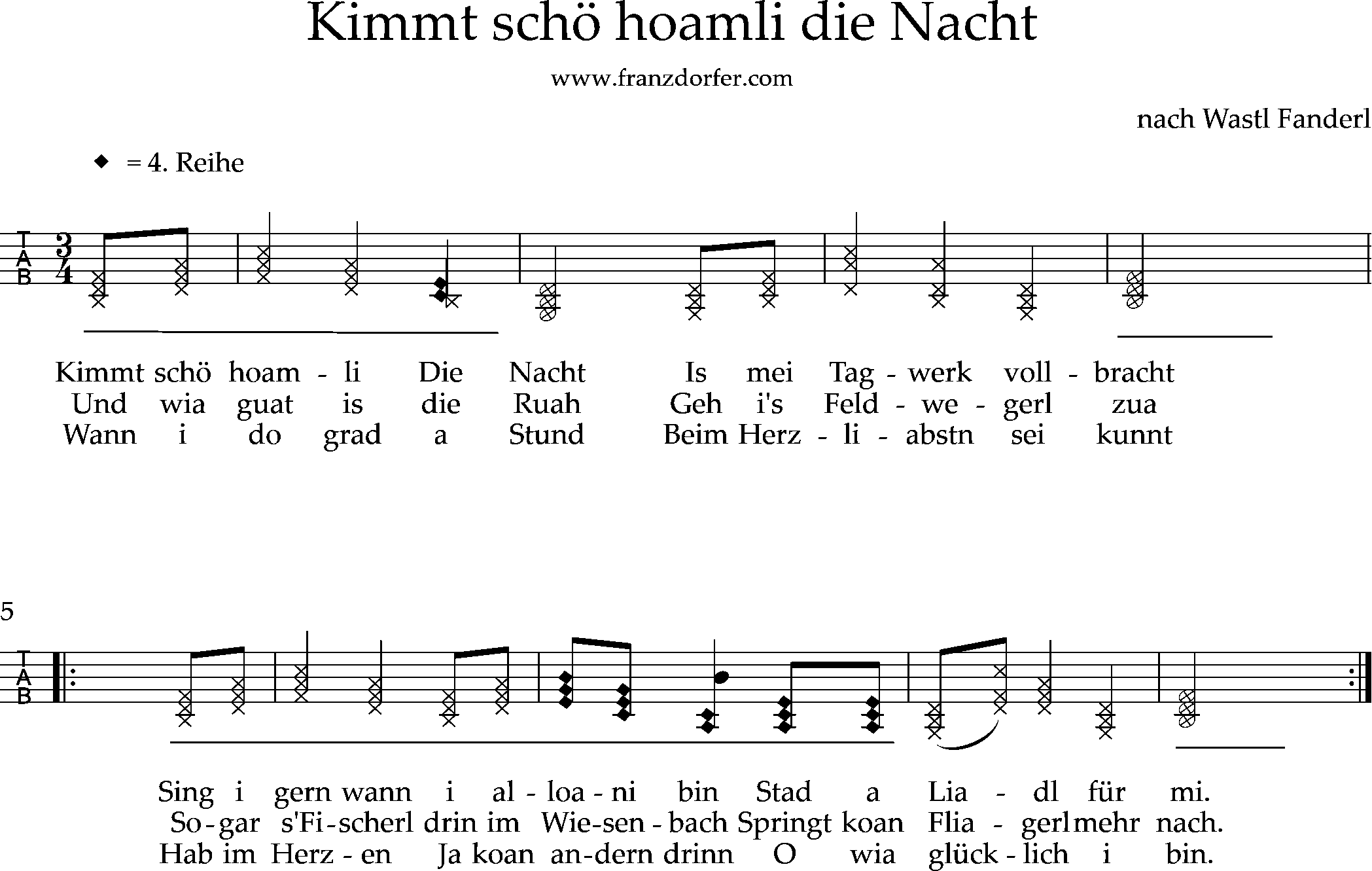 kimmt schö hoamli die Nacht, griffschrift 3stimmig Noten , 3stimmig, kimmt schö hoamli die Nacht